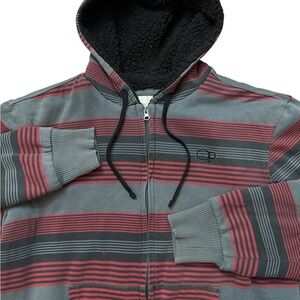 Ocean Pacific Y2K OP Men’s Striped Sherpa Lined Zip Up Hooded Jacket Size Medium